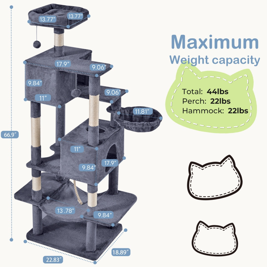 66 Inch Cat Tree Tower, Large Multi-Cat Climbing Extended Platform,