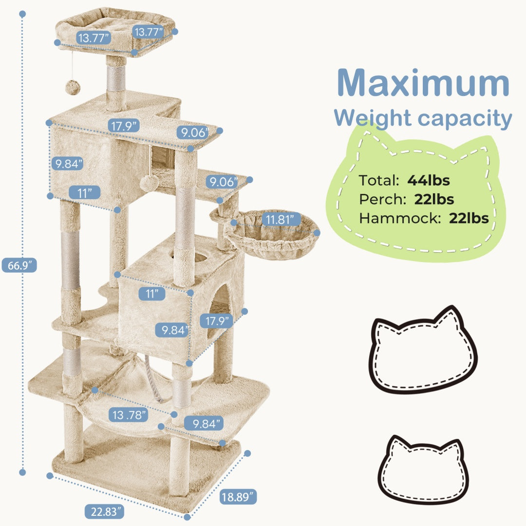 66 Inch Cat Tree Tower, Large Multi-Cat Climbing Extended Platform,